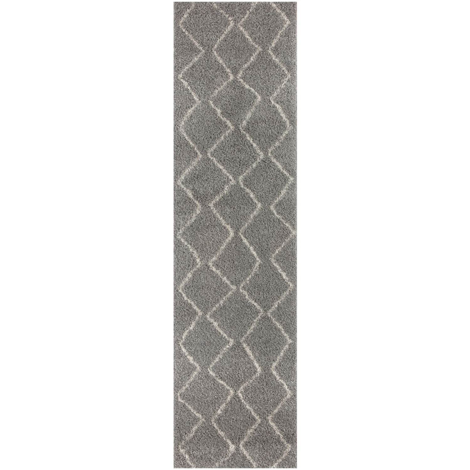 Moroccan grey shaggy runner rug with a subtle white geometric diamond pattern perfect for cozy spaces