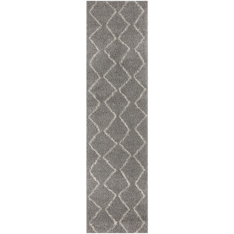Moroccan grey shaggy runner rug with a subtle white geometric diamond pattern perfect for cozy spaces