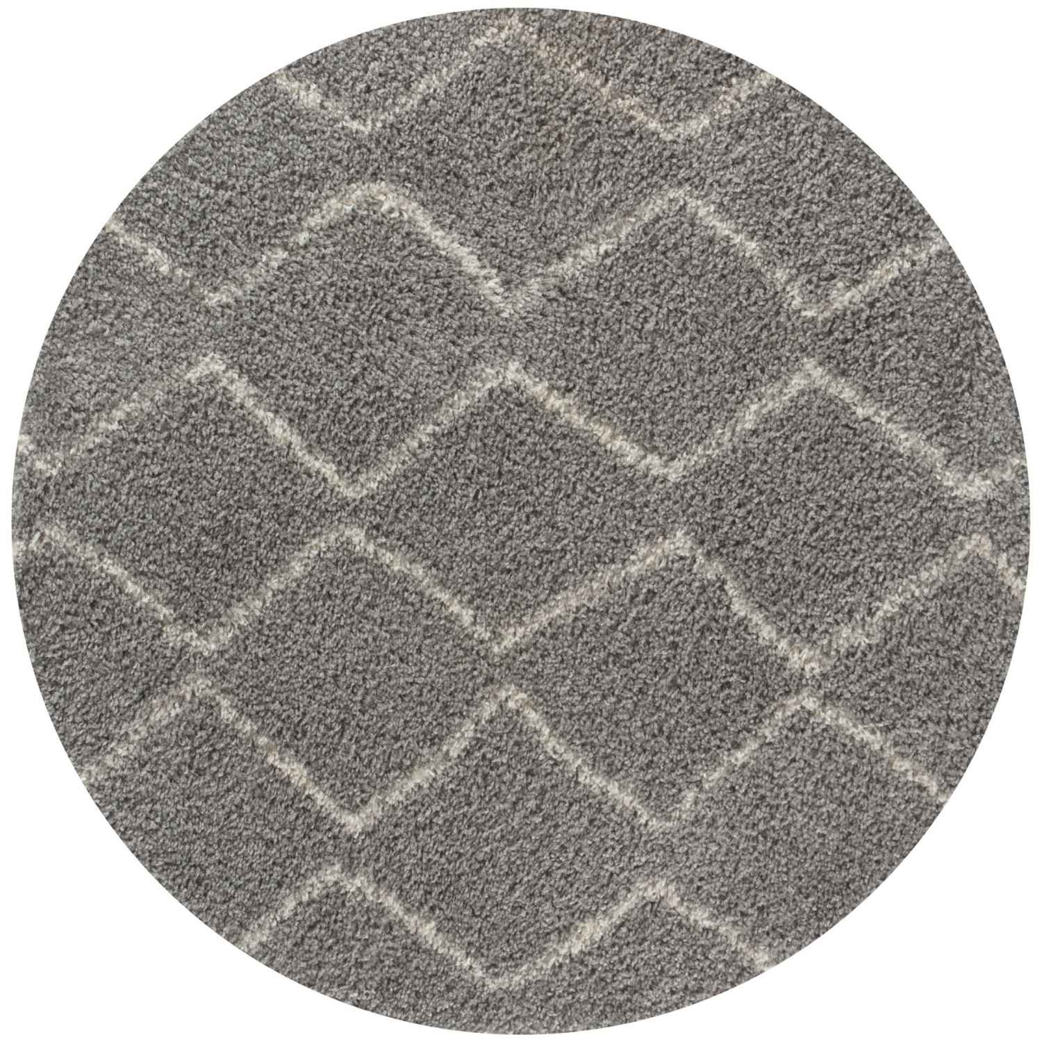 Moroccan grey shaggy circular rug with plush textured surface and repeating lighter grey diamond pattern