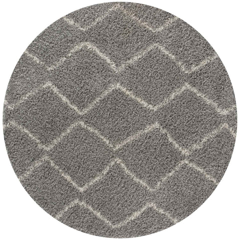 Moroccan grey shaggy circular rug with plush textured surface and repeating lighter grey diamond pattern
