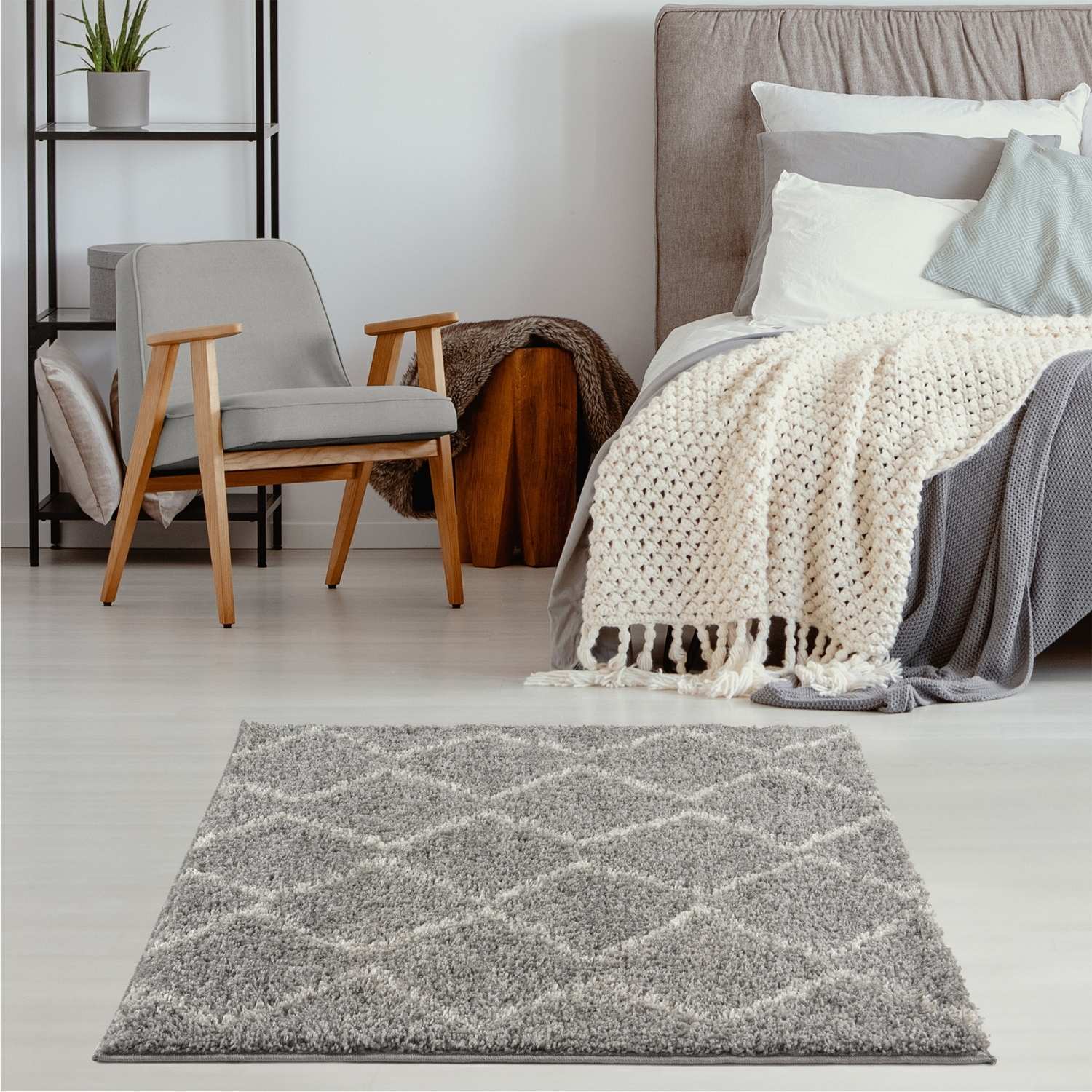 Moroccan grey shaggy rug with a subtle white geometric pattern perfect for cozy living spaces