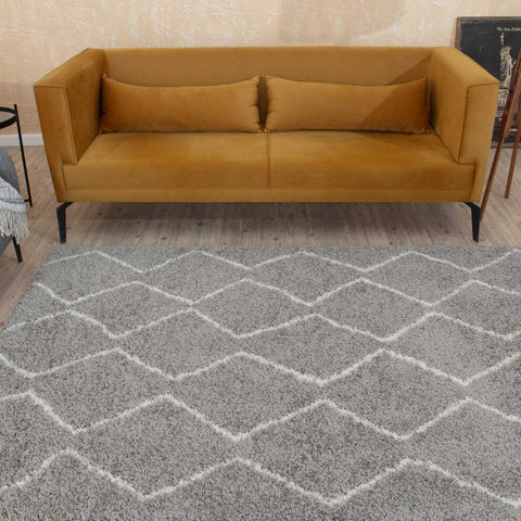 Moroccan grey shaggy rug with white geometric diamond pattern perfect for cozy living spaces