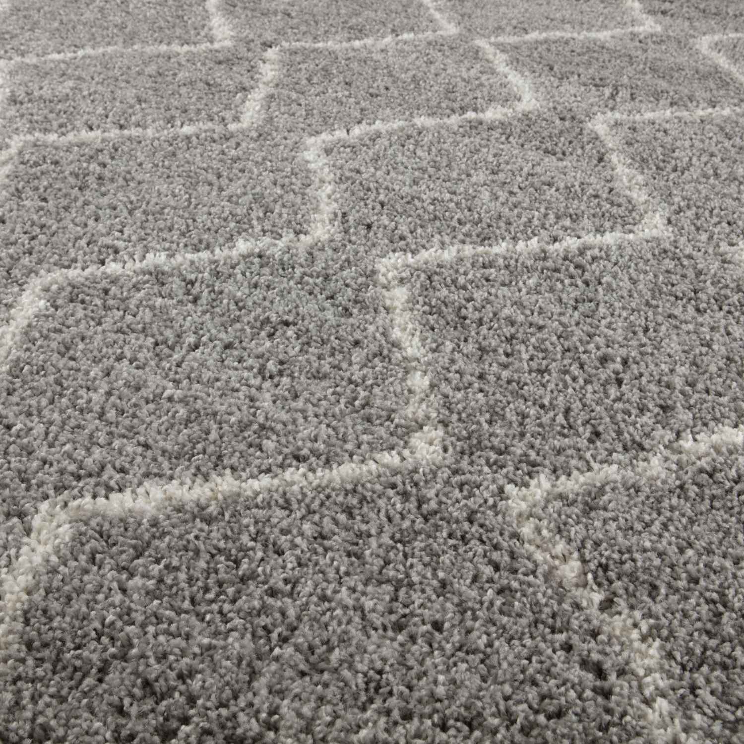 Moroccan grey shaggy rug with a soft shaggy texture and subtle off-white geometric pattern for cozy spaces