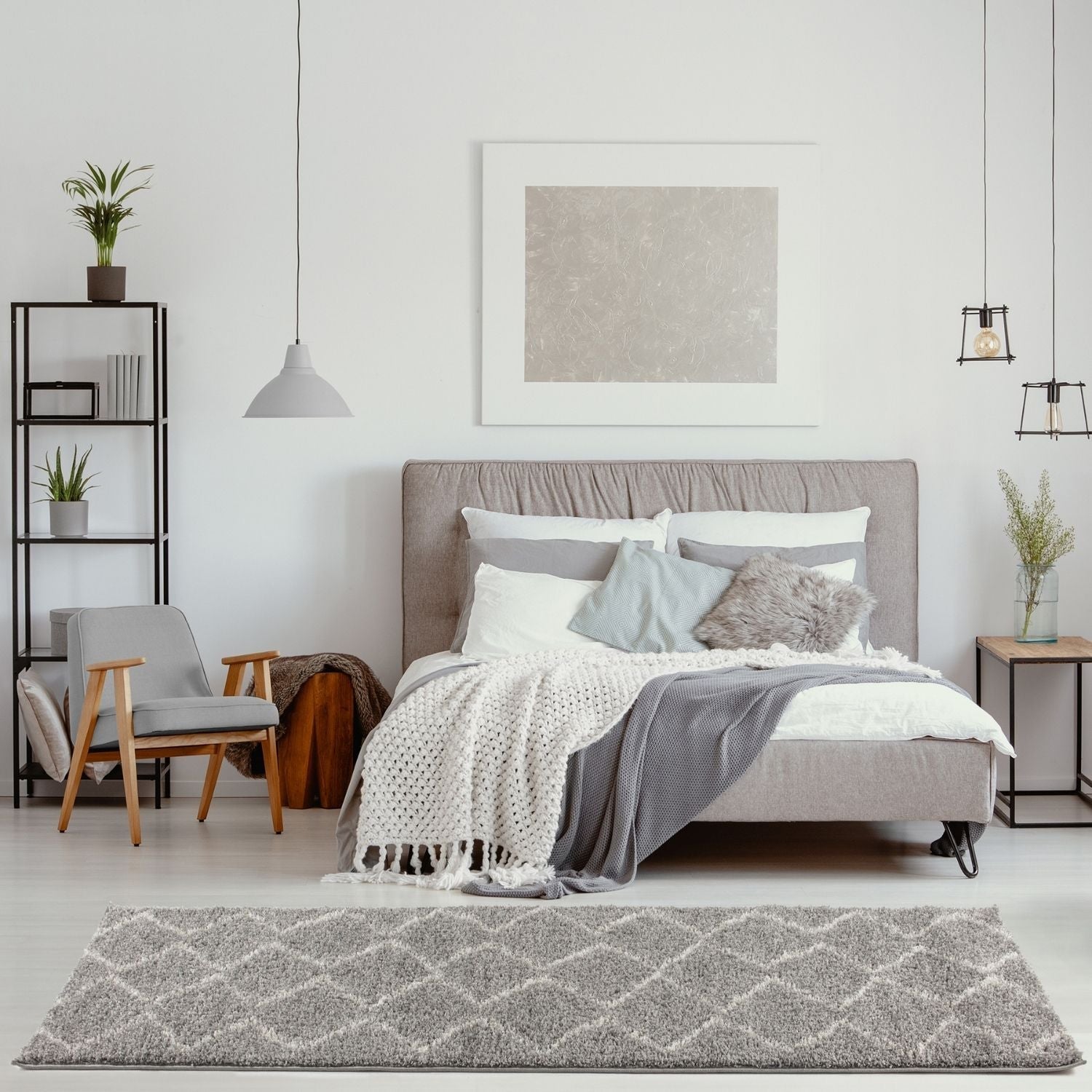 Moroccan grey shaggy rug with a grey textured geometric diamond pattern perfect for cozy living spaces