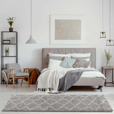 Moroccan grey shaggy rug with a grey textured geometric diamond pattern perfect for cozy living spaces