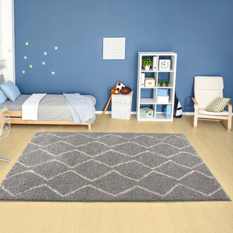 Moroccan grey shaggy rug with a soft grey shaggy texture and white geometric diamond pattern design