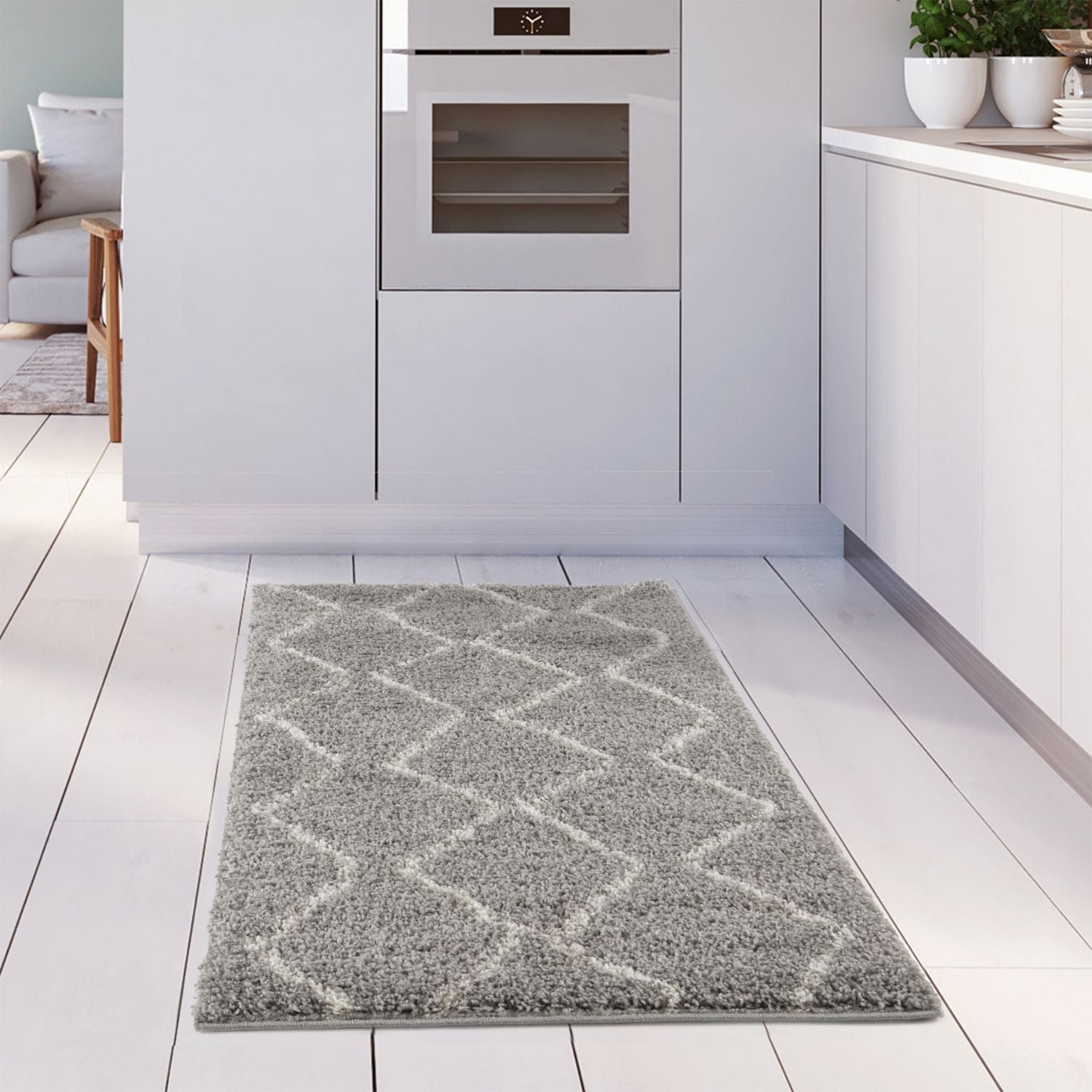 Moroccan grey shaggy rug with a white geometric diamond pattern for cozy modern living spaces