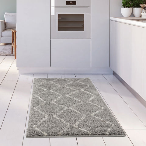 Moroccan grey shaggy rug with a white geometric diamond pattern for cozy modern living spaces