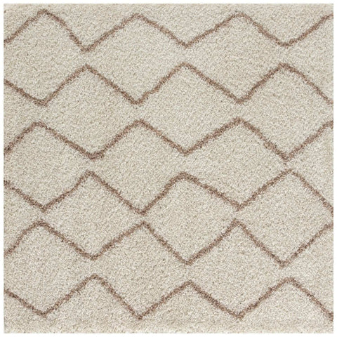 Moroccan ivory beige shaggy rug with plush textured surface and beige taupe zigzag pattern for cozy living spaces