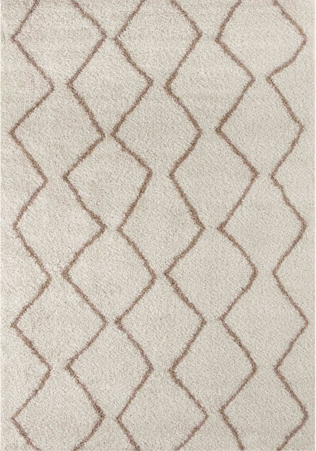 Moroccan ivory beige shaggy rug with plush textured surface and zigzagging diamond pattern in muted brown