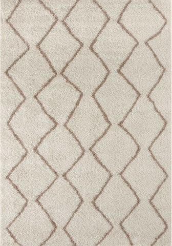 Moroccan ivory beige shaggy rug with plush textured surface and zigzagging diamond pattern in muted brown