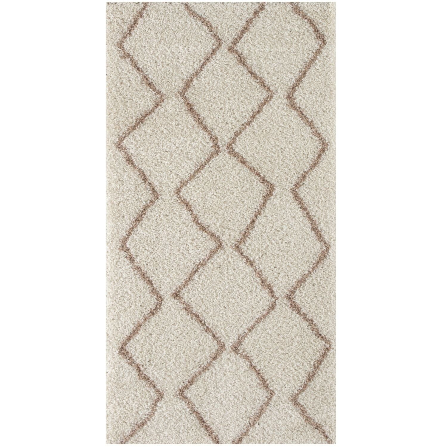Moroccan ivory beige shaggy rug with geometric diamond pattern in muted brown perfect for cozy spaces
