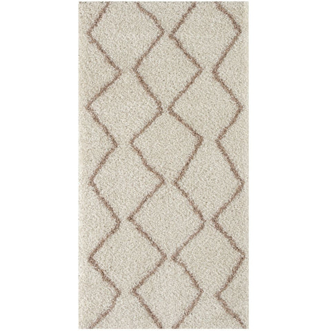 Moroccan ivory beige shaggy rug with geometric diamond pattern in muted brown perfect for cozy spaces