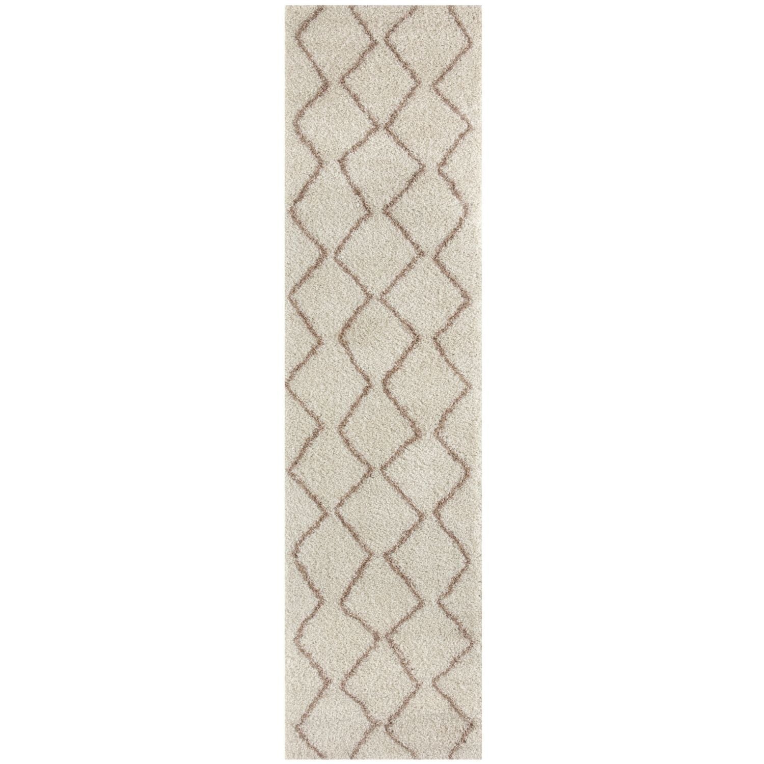 Beige shaggy rug with geometric diamond pattern in muted taupe moroccan ivory beige shaggy style runner