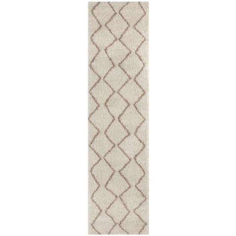 Beige shaggy rug with geometric diamond pattern in muted taupe moroccan ivory beige shaggy style runner