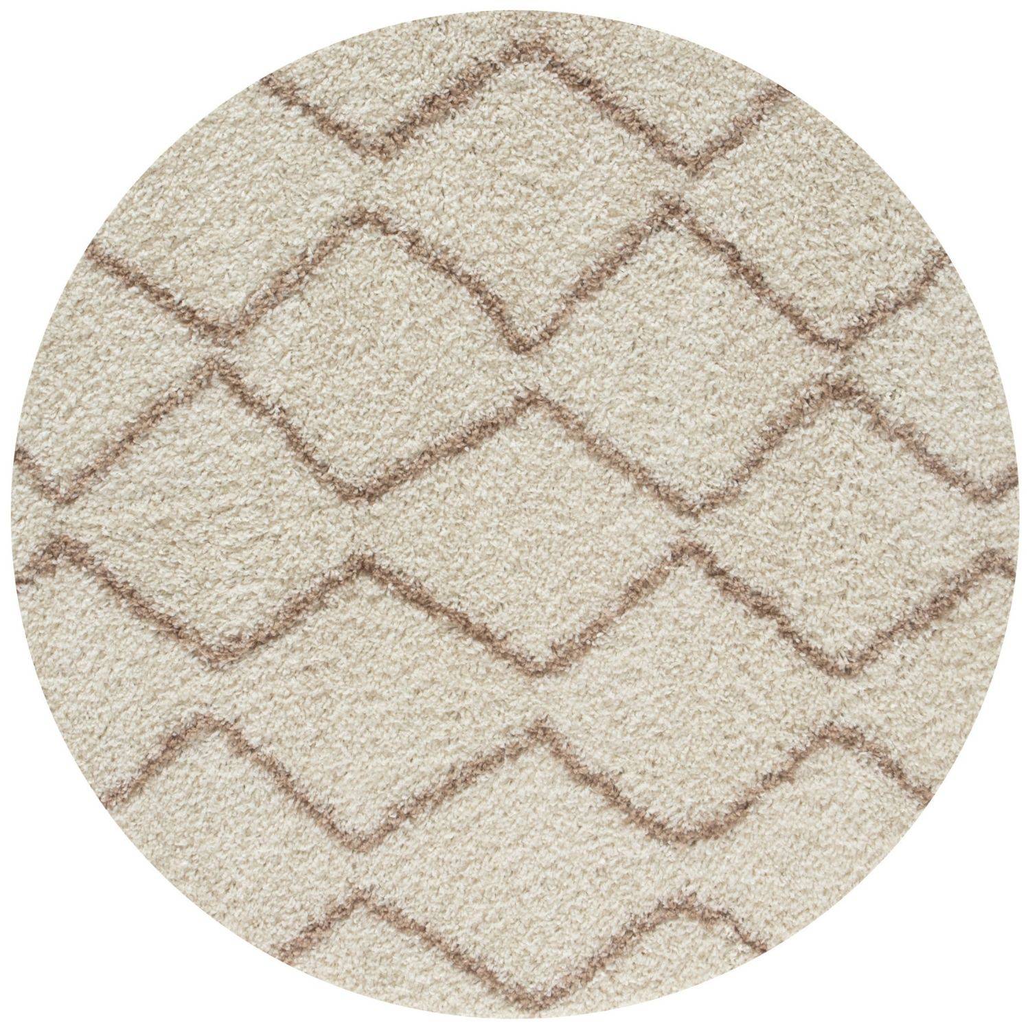 Moroccan ivory beige shaggy rug with a beige circular textured surface and brown zigzag geometric pattern