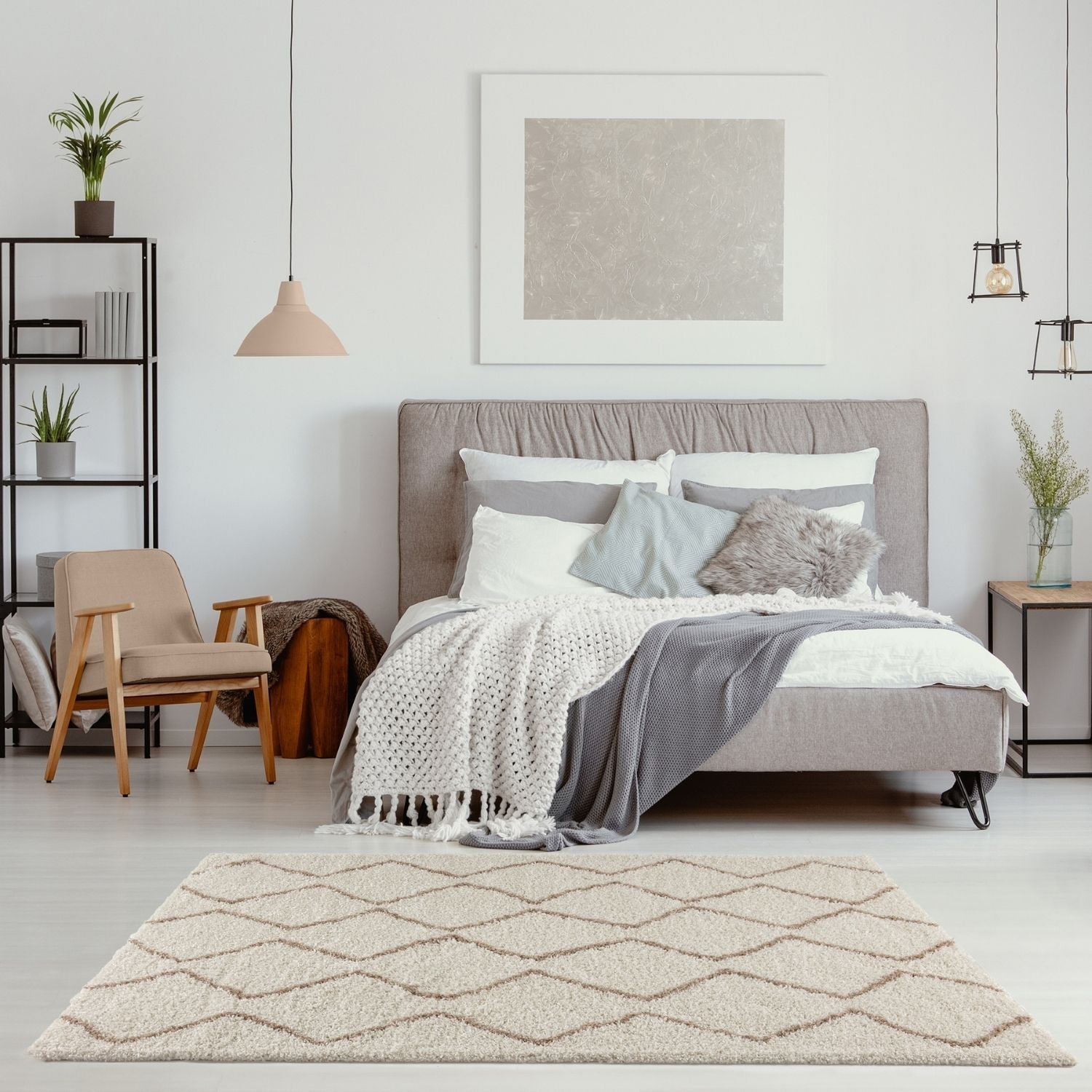 Beige shaggy rug with geometric diamond pattern in moroccan ivory beige textured shaggy surface perfect for cozy spaces