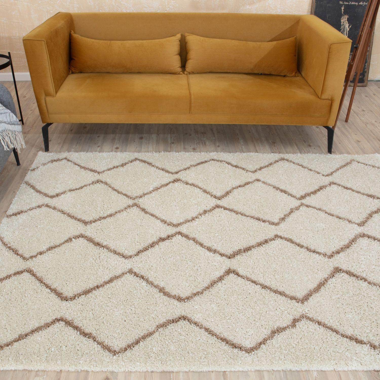 Moroccan ivory beige shaggy rug with cream color and brown geometric zigzag pattern perfect for cozy spaces