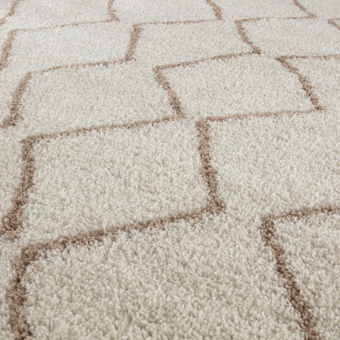 Cream-colored moroccan ivory beige shaggy rug with geometric beige outlined squares for cozy living spaces