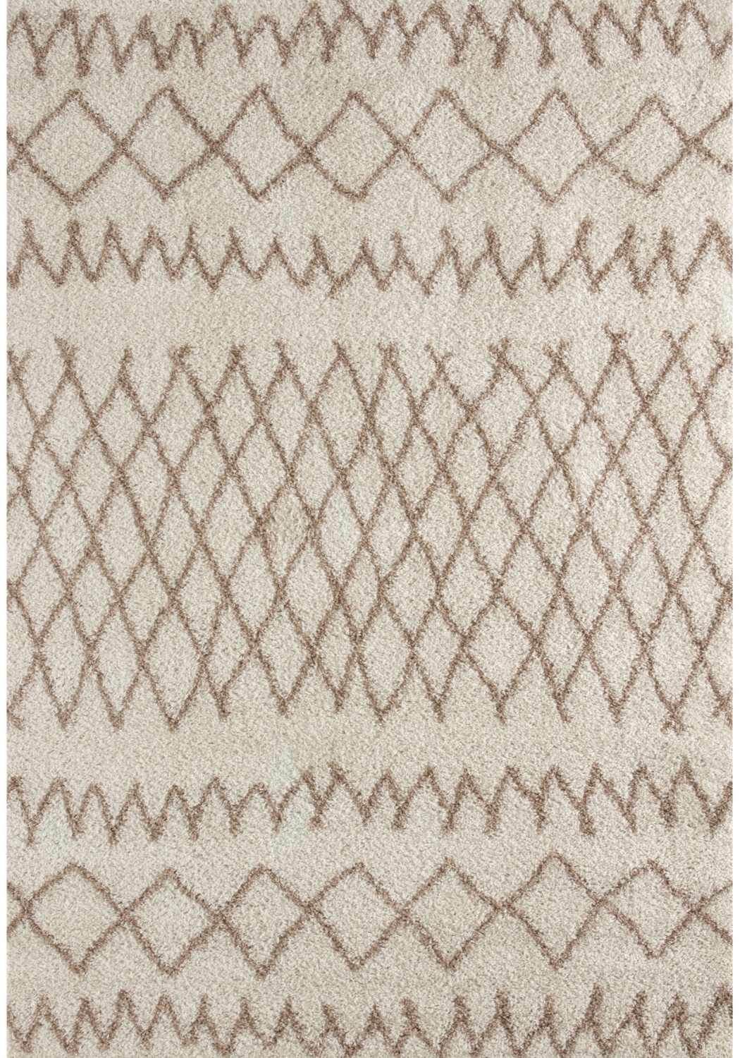 Beige shaggy rug with moroccan ivory beige textured woven pattern featuring brown diamond and zigzag motifs