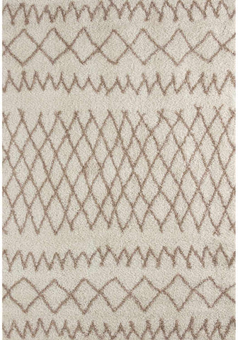 Beige shaggy rug with moroccan ivory beige textured woven pattern featuring brown diamond and zigzag motifs