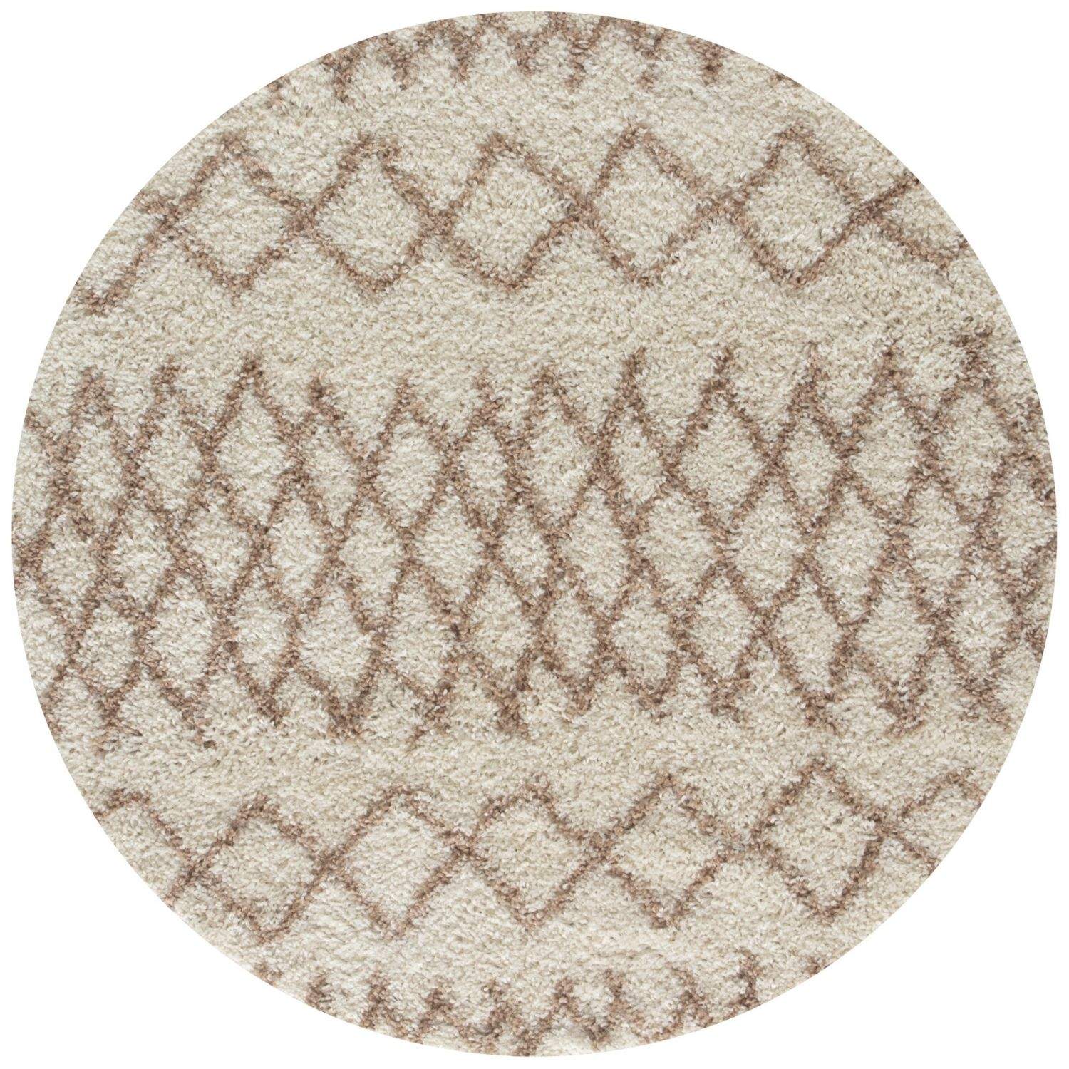 Beige shaggy rug with a textured geometric diamond pattern in muted brown moroccan ivory beige style