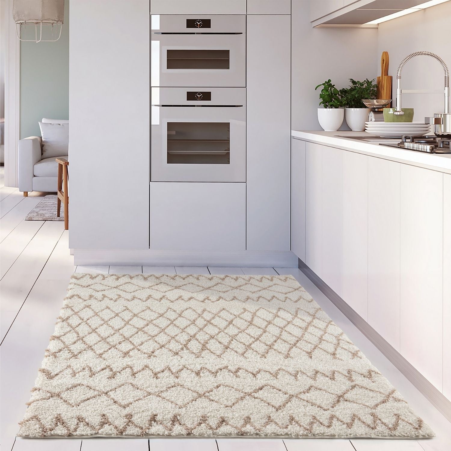 Moroccan ivory beige shaggy rug with cream color and geometric diamond pattern in muted gray tones