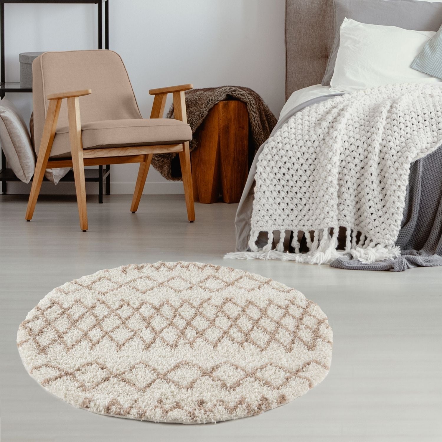 Cream-colored moroccan ivory beige shaggy rug with plush texture and beige diamond pattern perfect for cozy spaces