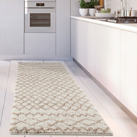 Cream-colored plush moroccan ivory beige shaggy rug with subtle geometric diamond pattern perfect for cozy spaces
