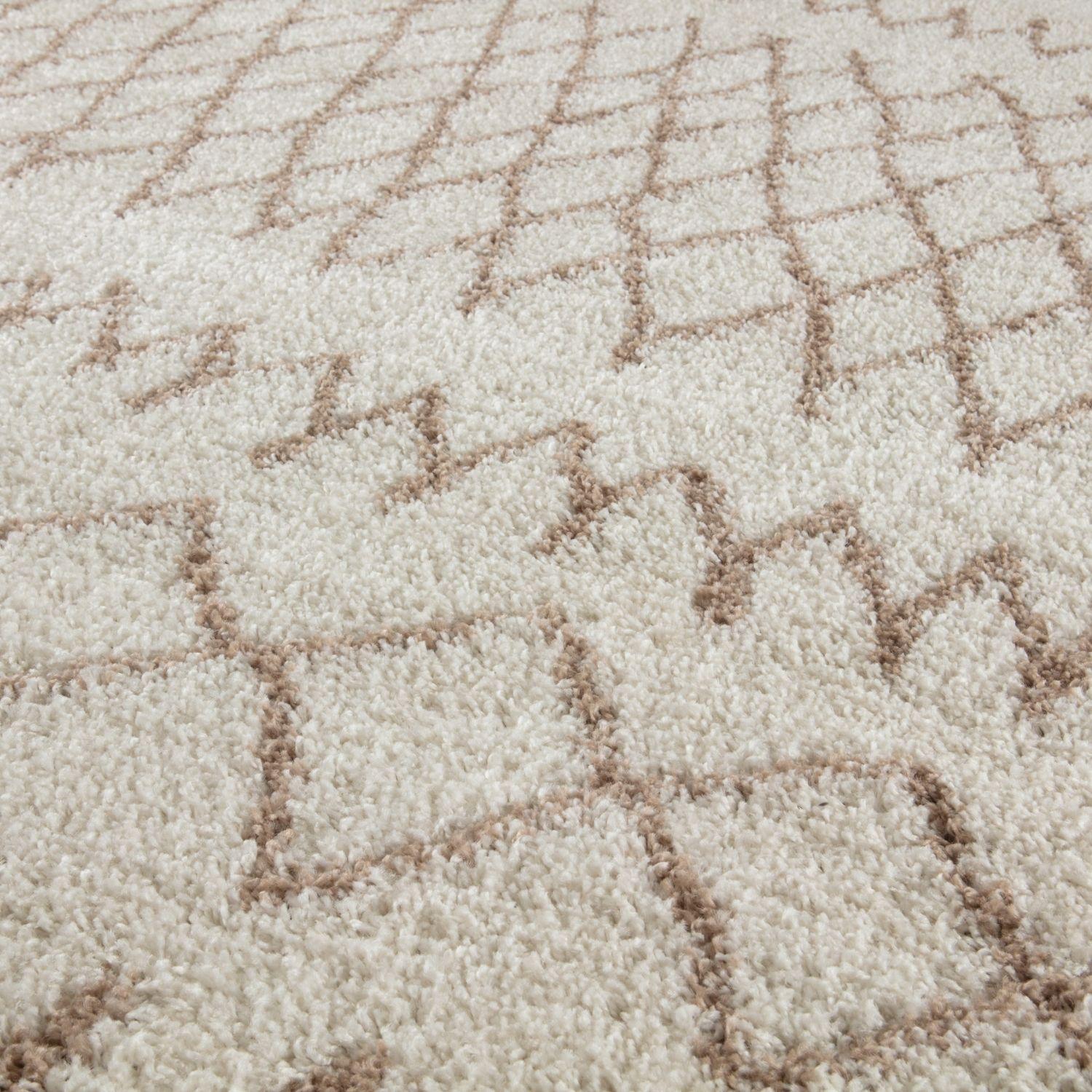 Moroccan ivory beige shaggy rug with cream plush texture and subtle beige geometric pattern for cozy spaces