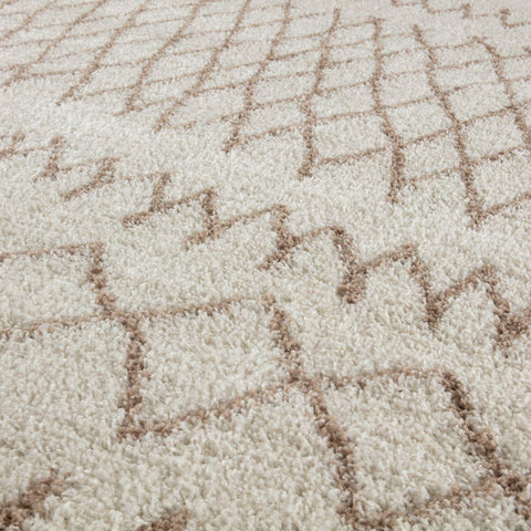 Moroccan ivory beige shaggy rug with cream plush texture and subtle beige geometric pattern for cozy spaces