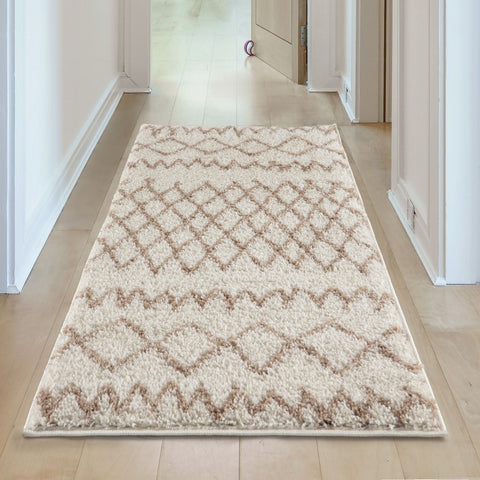 Beige shaggy rug with moroccan ivory beige geometric diamond and zigzag pattern for cozy home decor