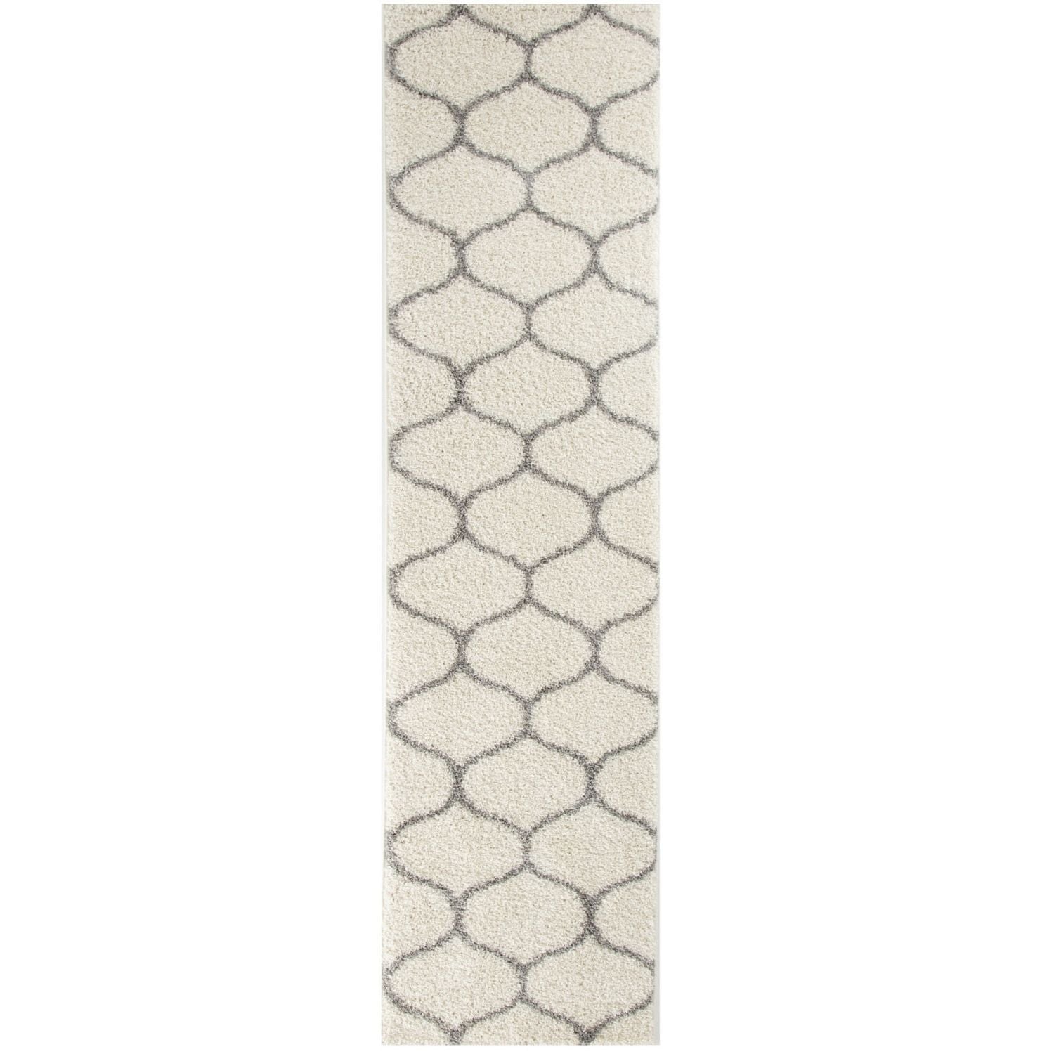 Moroccan ivory shaggy runner rug in cream with repeating gray geometric lattice pattern perfect for hallway decor