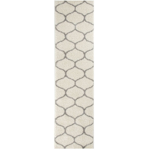 Moroccan ivory shaggy runner rug in cream with repeating gray geometric lattice pattern perfect for hallway decor