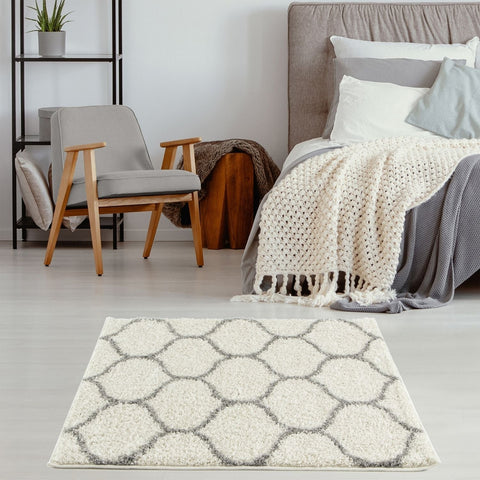 Moroccan ivory shaggy rug in cream with gray geometric hexagonal pattern perfect for cozy rooms