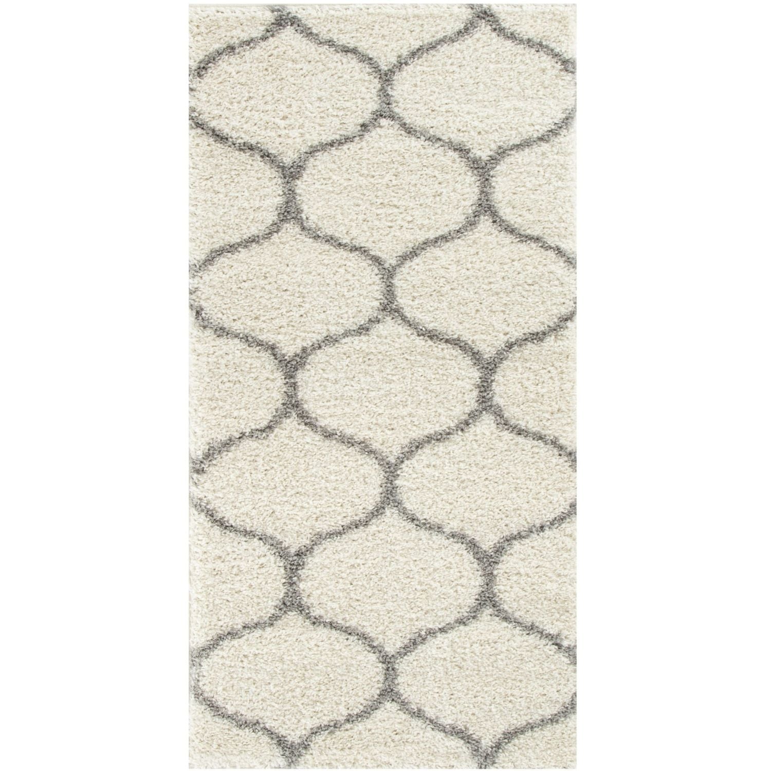 Cream-colored moroccan ivory shaggy rug with a repeating gray geometric pattern perfect for cozy spaces