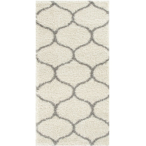 Cream-colored moroccan ivory shaggy rug with a repeating gray geometric pattern perfect for cozy spaces