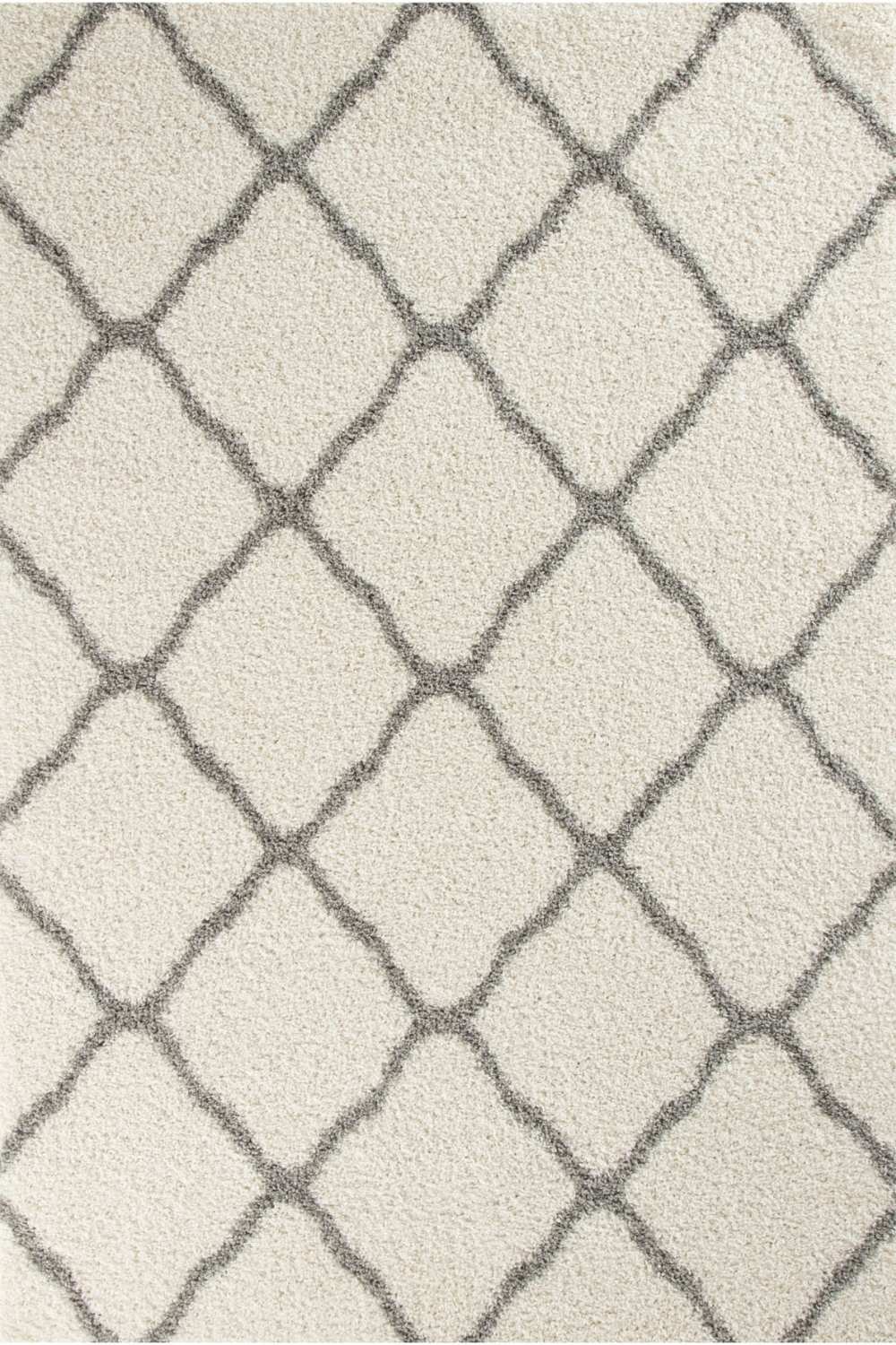 Beige moroccan ivory shaggy rug with soft plush texture and gray outlined diamond pattern for cozy spaces