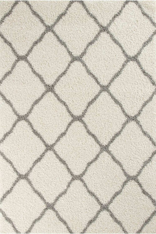 Beige moroccan ivory shaggy rug with soft plush texture and gray outlined diamond pattern for cozy spaces