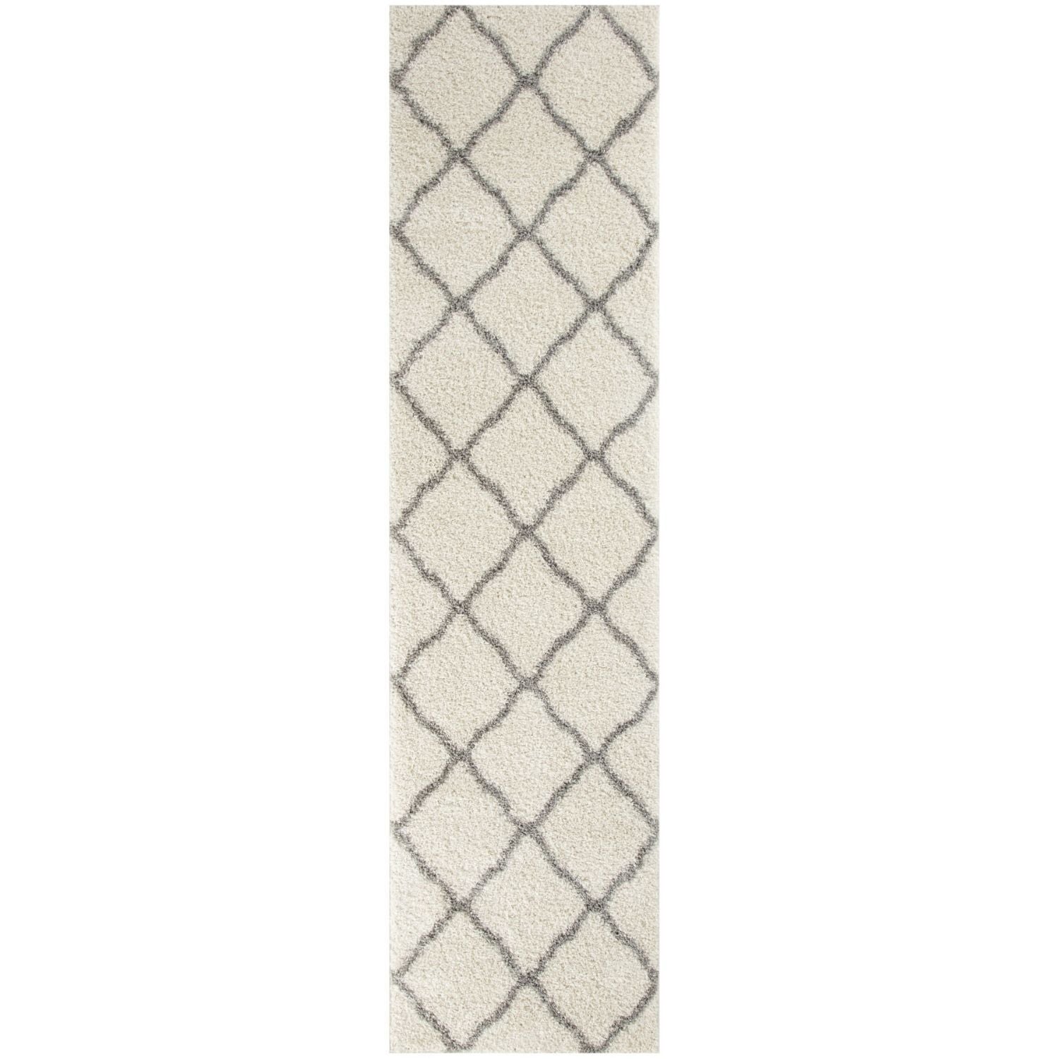 Moroccan ivory shaggy runner rug in cream with a gray diamond lattice pattern for stylish floor decor