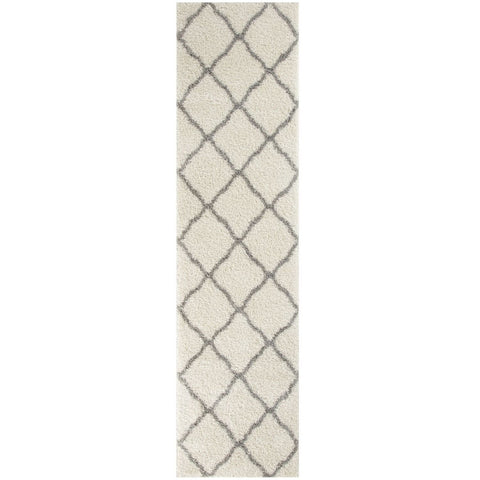 Moroccan ivory shaggy runner rug in cream with a gray diamond lattice pattern for stylish floor decor