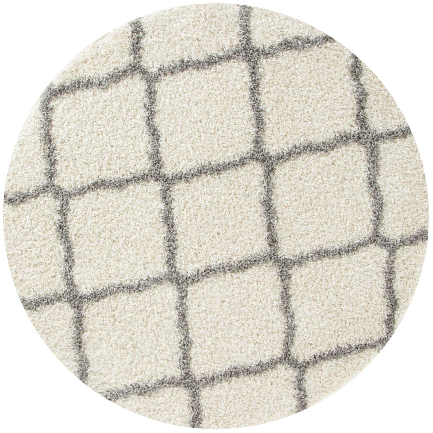 Moroccan ivory shaggy rug with cream plush texture and subtle gray grid pattern for cozy home decor