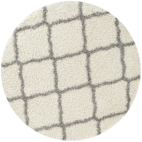 Moroccan ivory shaggy rug with cream plush texture and subtle gray grid pattern for cozy home decor