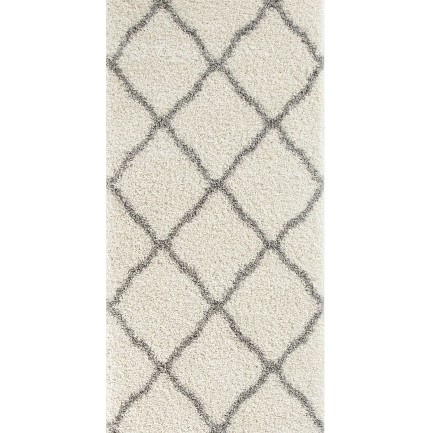 Moroccan ivory shaggy rug with cream color and soft textured surface featuring a dark gray geometric diamond pattern