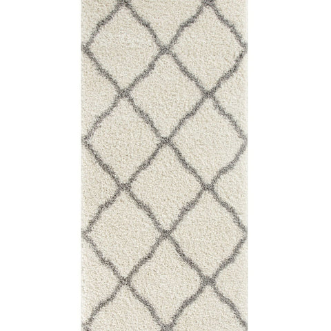 Moroccan ivory shaggy rug with cream color and soft textured surface featuring a dark gray geometric diamond pattern
