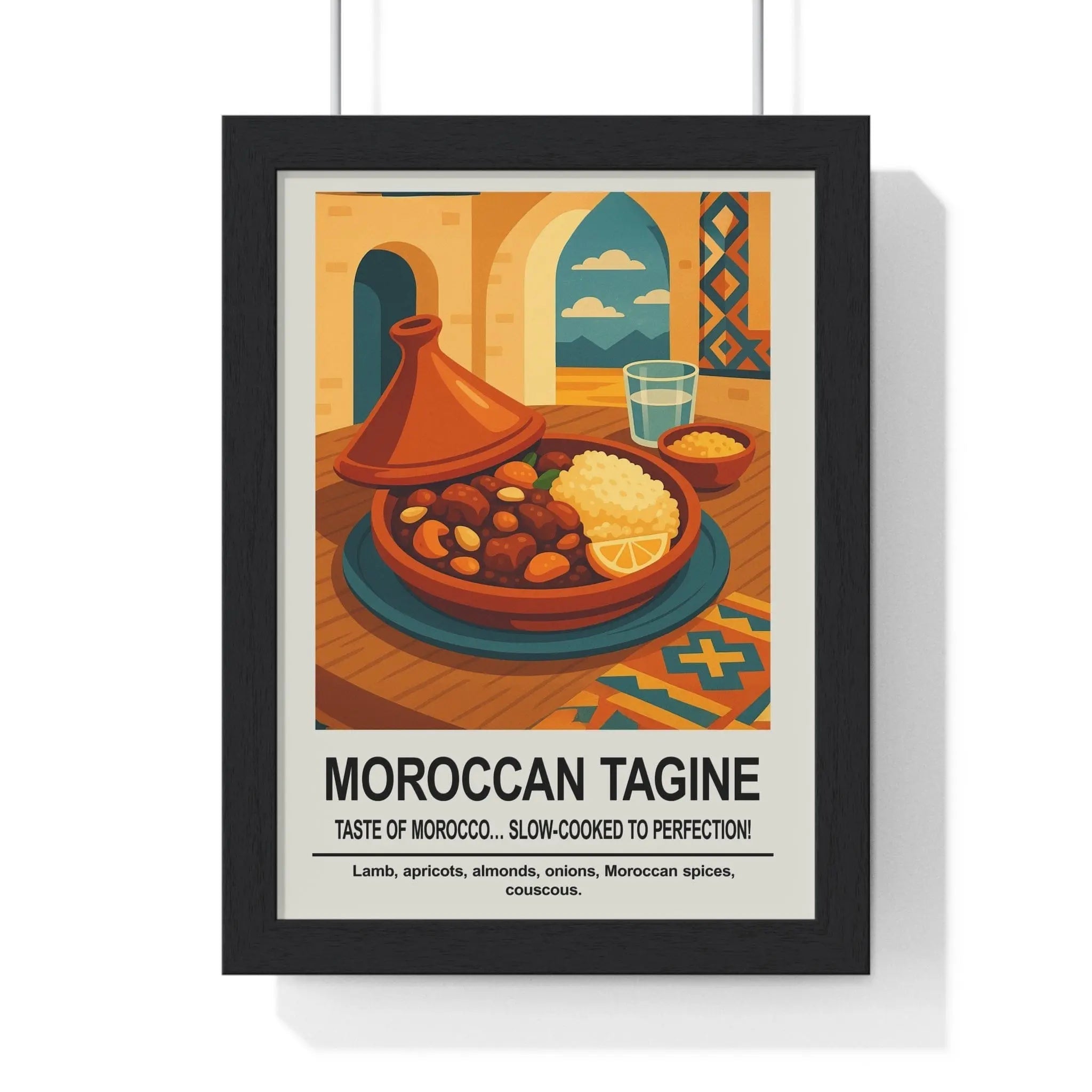 A framed wall art poster featuring a vibrant orange moroccan tagine with lamb and couscous for kitchen wall decor