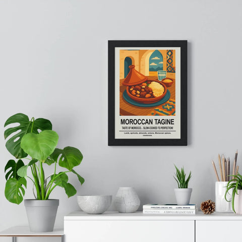 Black-framed wall art featuring vibrant moroccan tagine illustration in warm orange tones for kitchen wall decor