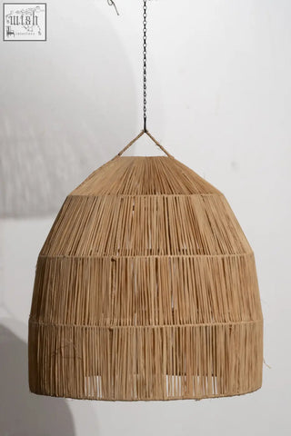 Natural woven rattan pendant light with conical tiered design and dark metal chain suspension measuring 50cm high jute lampshade