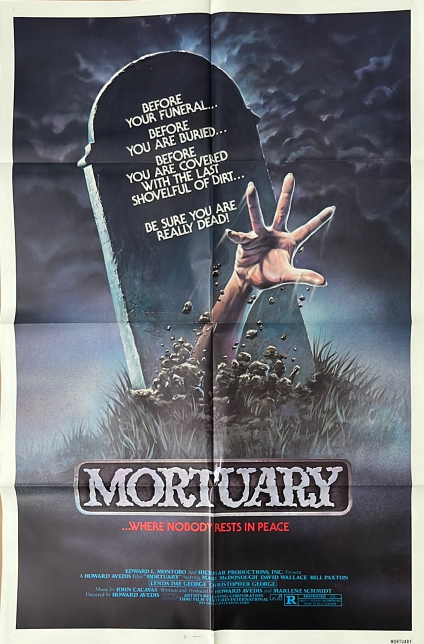 Grainy vintage style horror movie poster featuring a tombstone and eerie hand for mortuary 1983 us one sheet