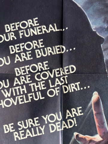 Black horror movie poster with white text and hand illustration mortuary 1983 original us one sheet 27x41 inches